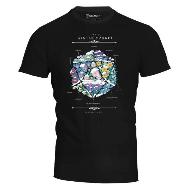 Gen Con Winter Floral d20 T-shirt unisex katoen zwart