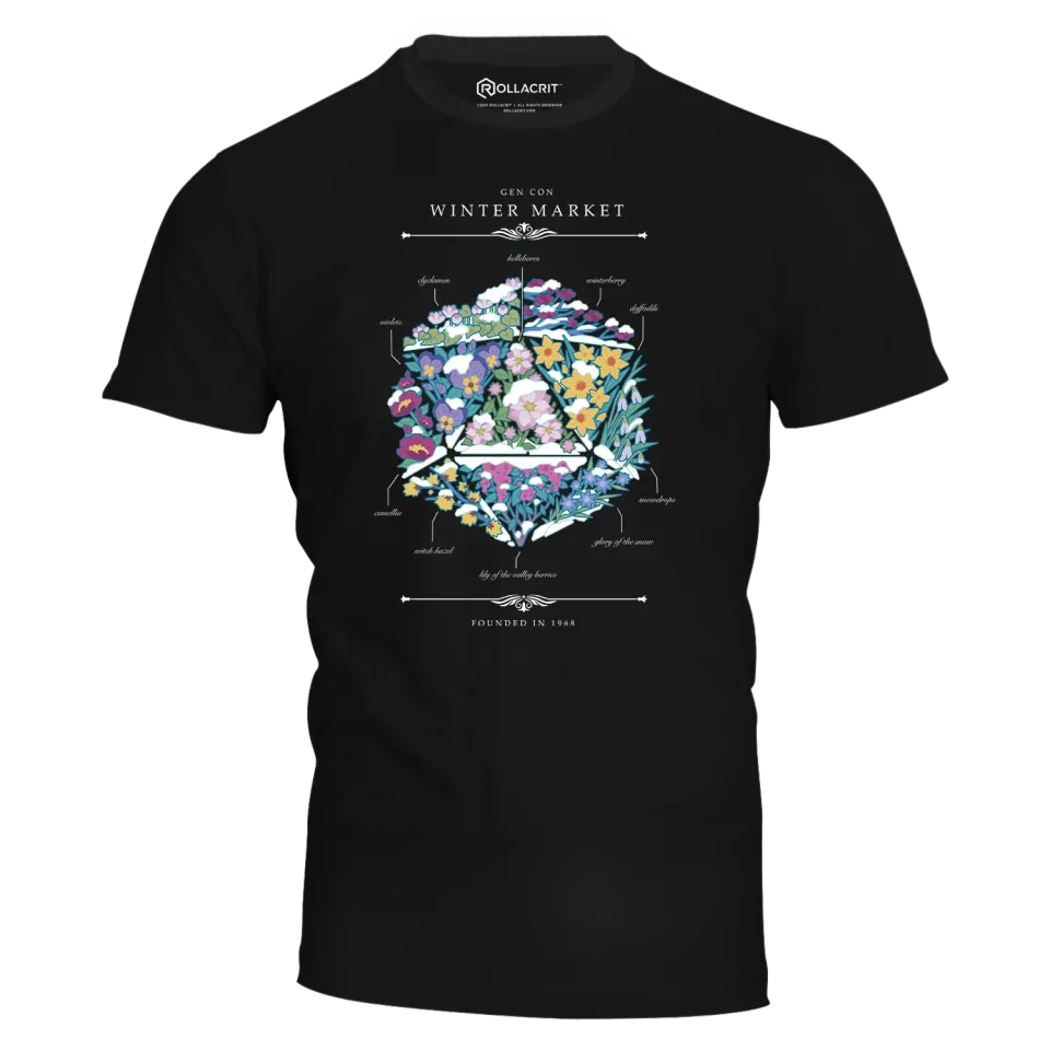 Gen Con Winter Floral d20 T-shirt unisex katoen zwart