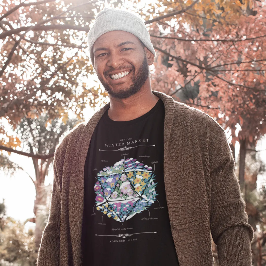 Gen Con Winter Floral d20 T-shirt unisex katoen zwart