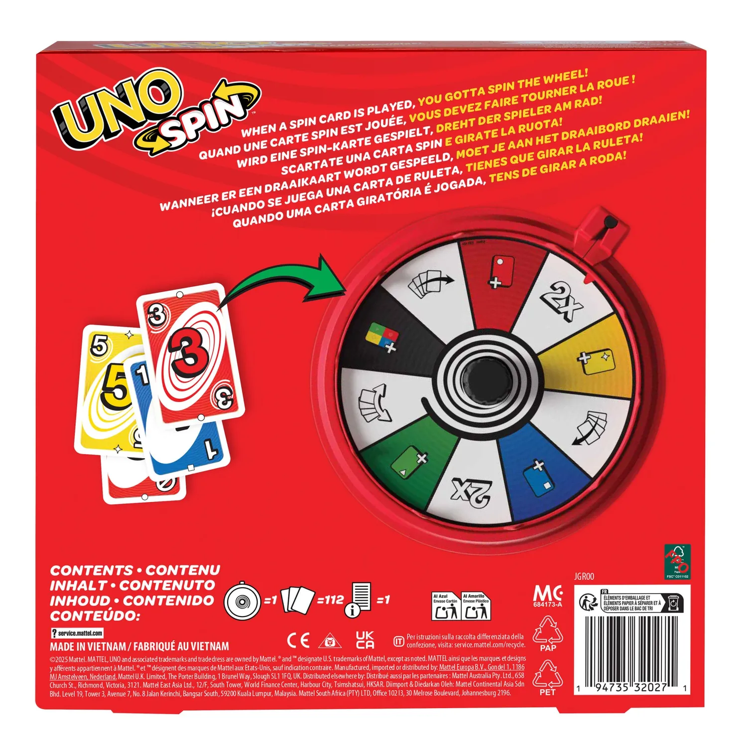 UNO Spin Kaartspel met Spinner 112 kaarten gezinsspel