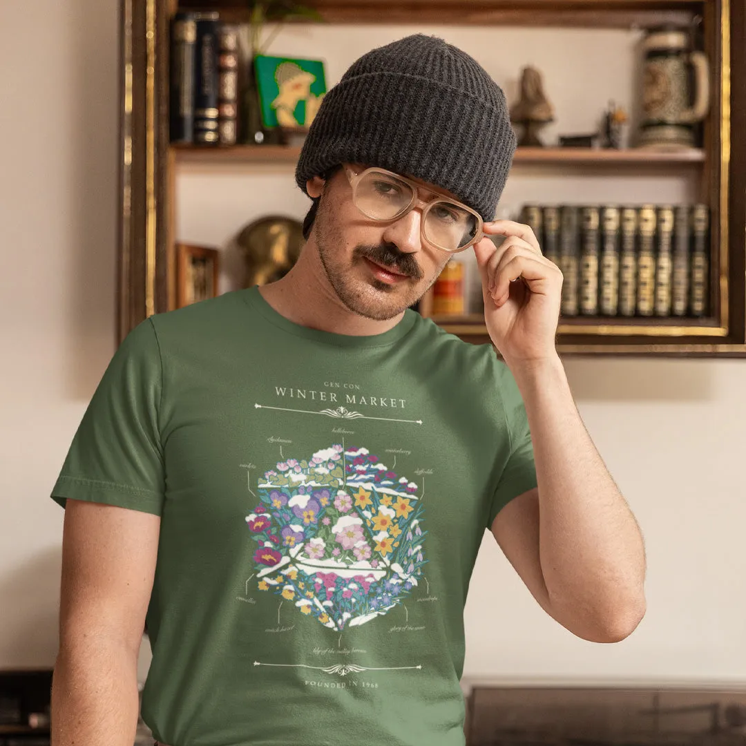 Gen Con Winter Floral d20 T-shirt unisex katoen zwart