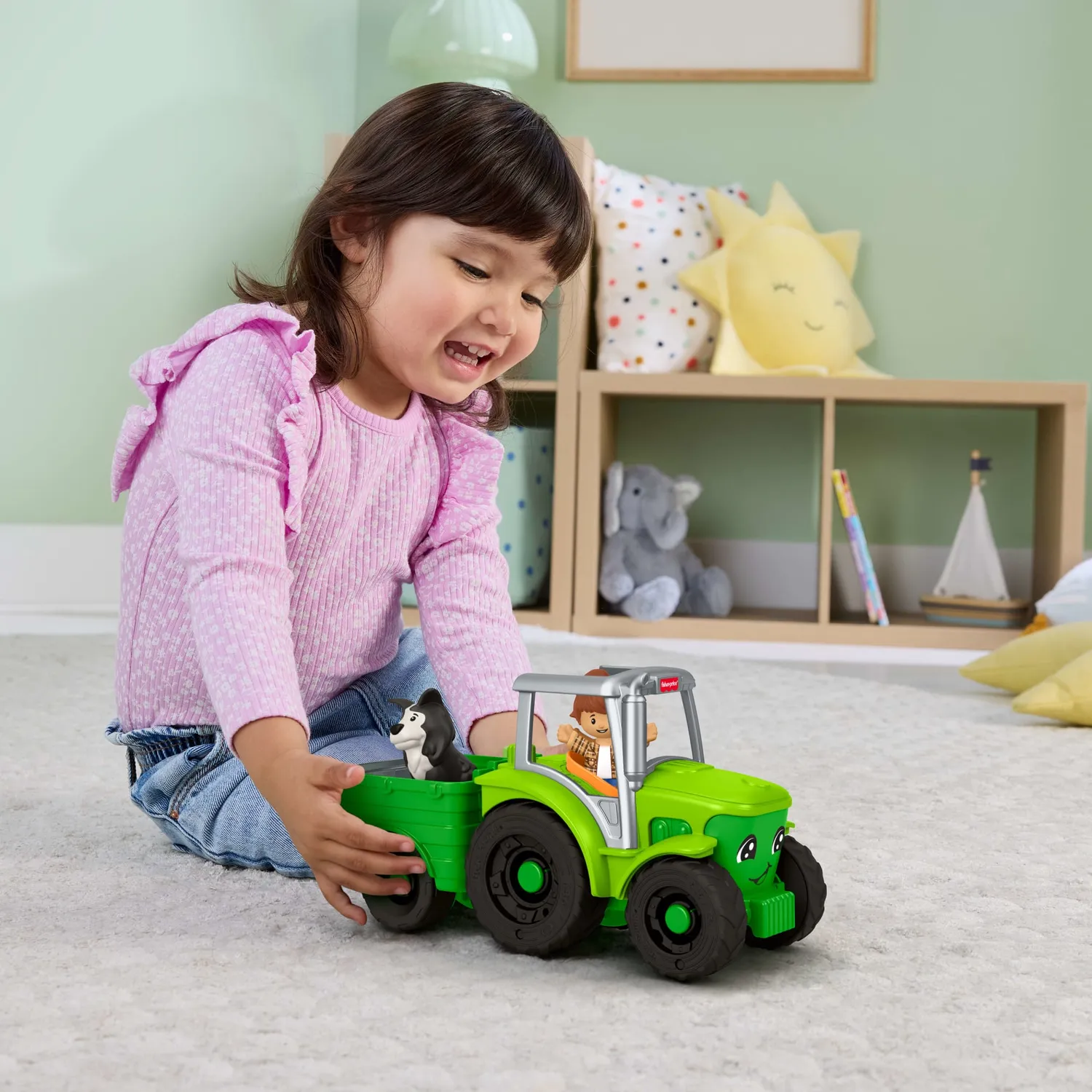 Fisher-Price Little People Duwtractor muziek met aanhanger