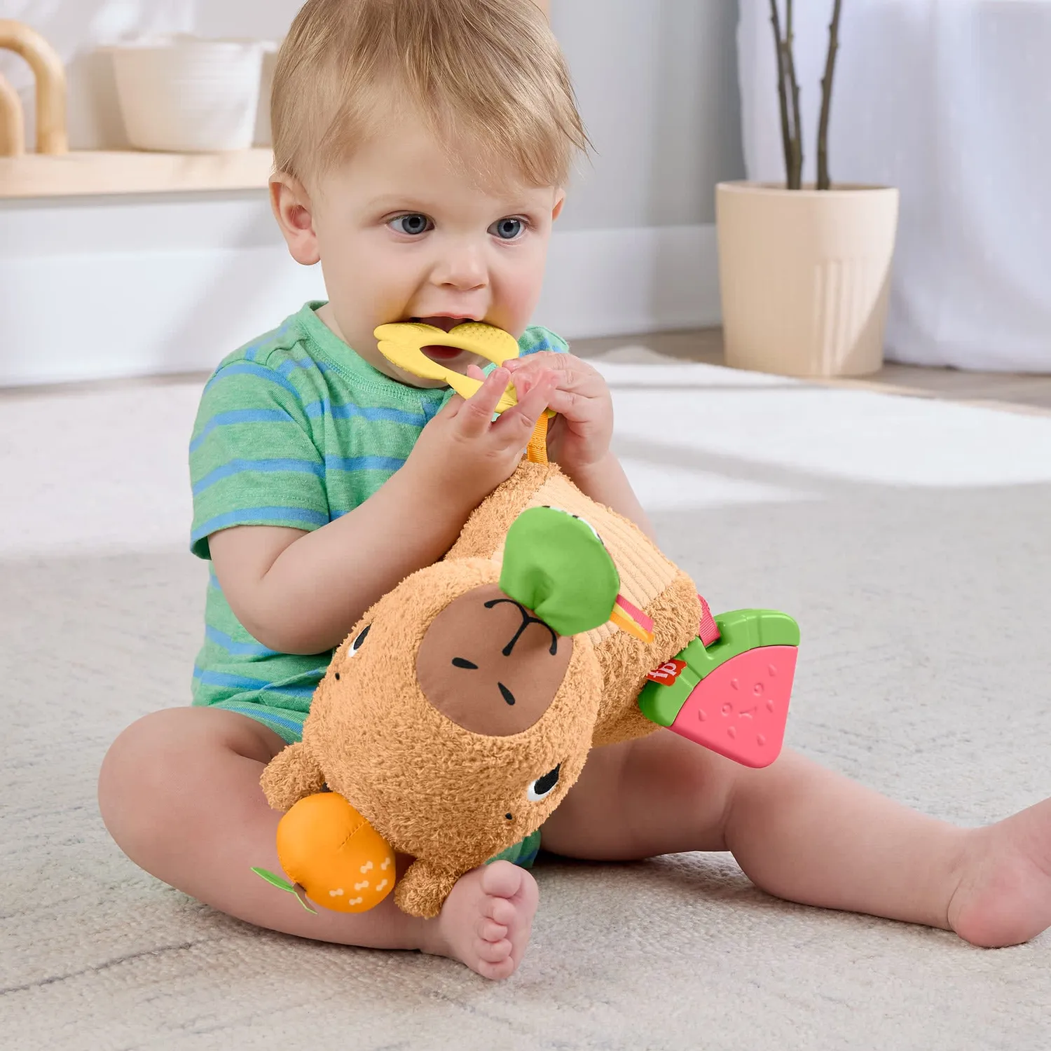 Fisher-Price Capibara knuffel sensorisch met bijtring rammelaar