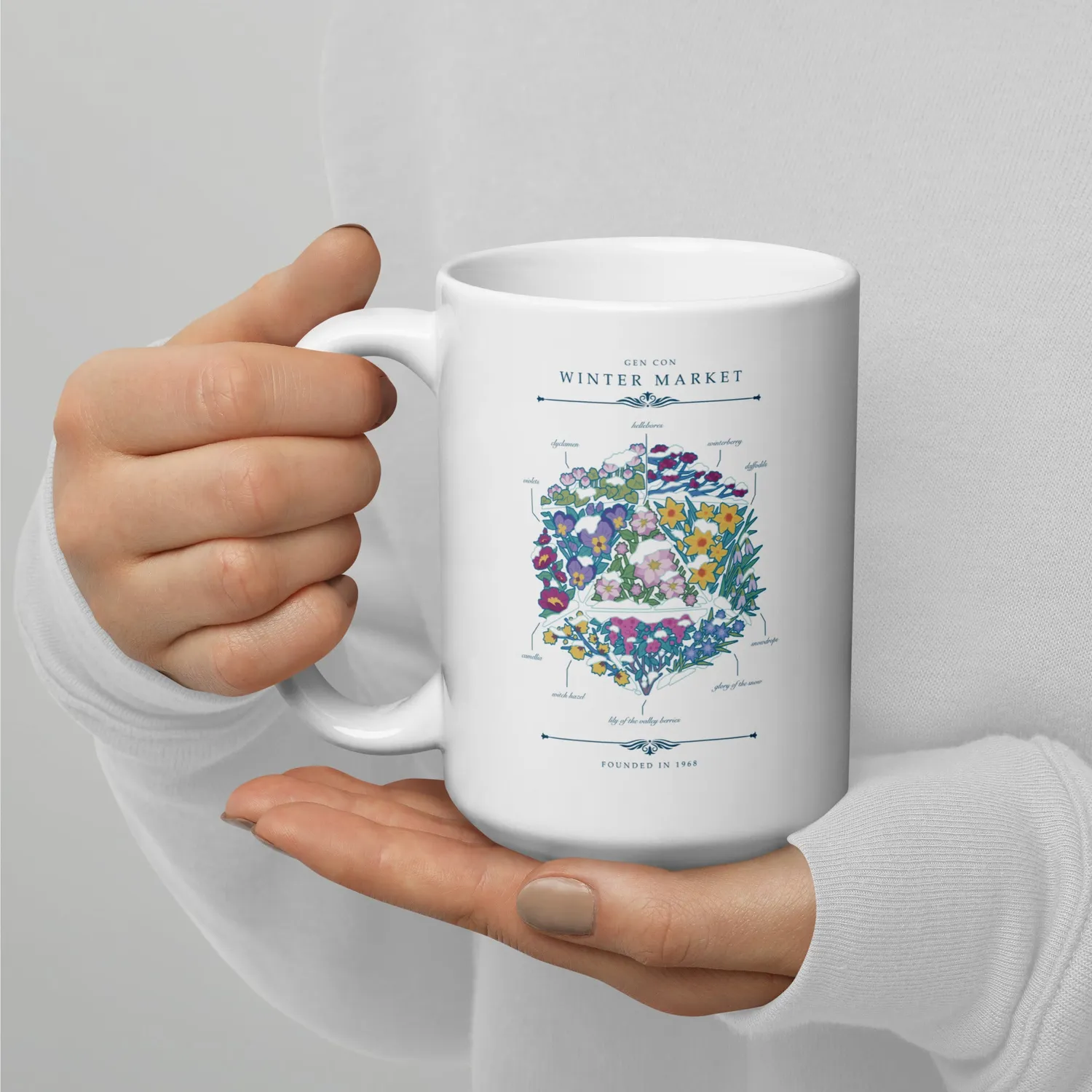 Roll A Crit Winter Floral d20 mok keramiek 11 oz