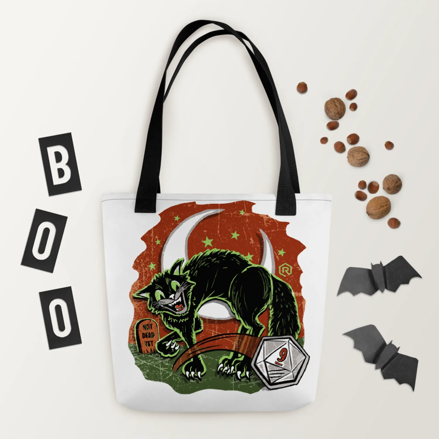 Roll A Crit Not Dead Yet tote bag zwarte kat 38 cm