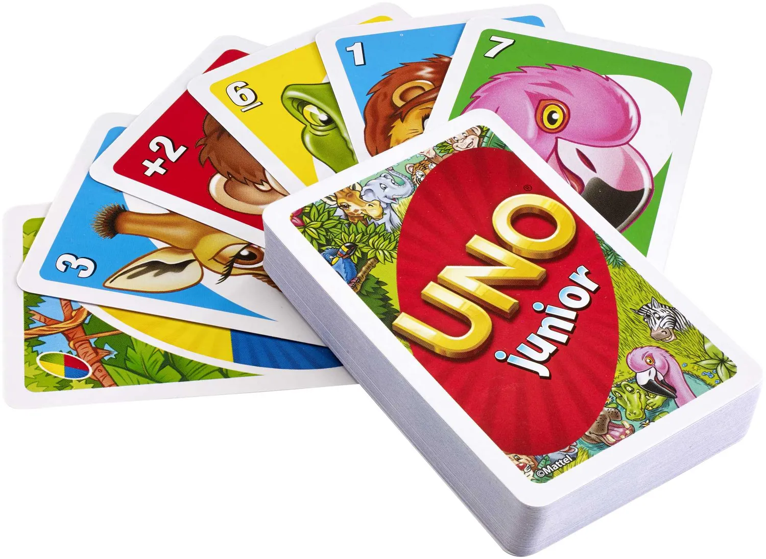 UNO Junior kaartspel dieren met kaarten 0 tot 8