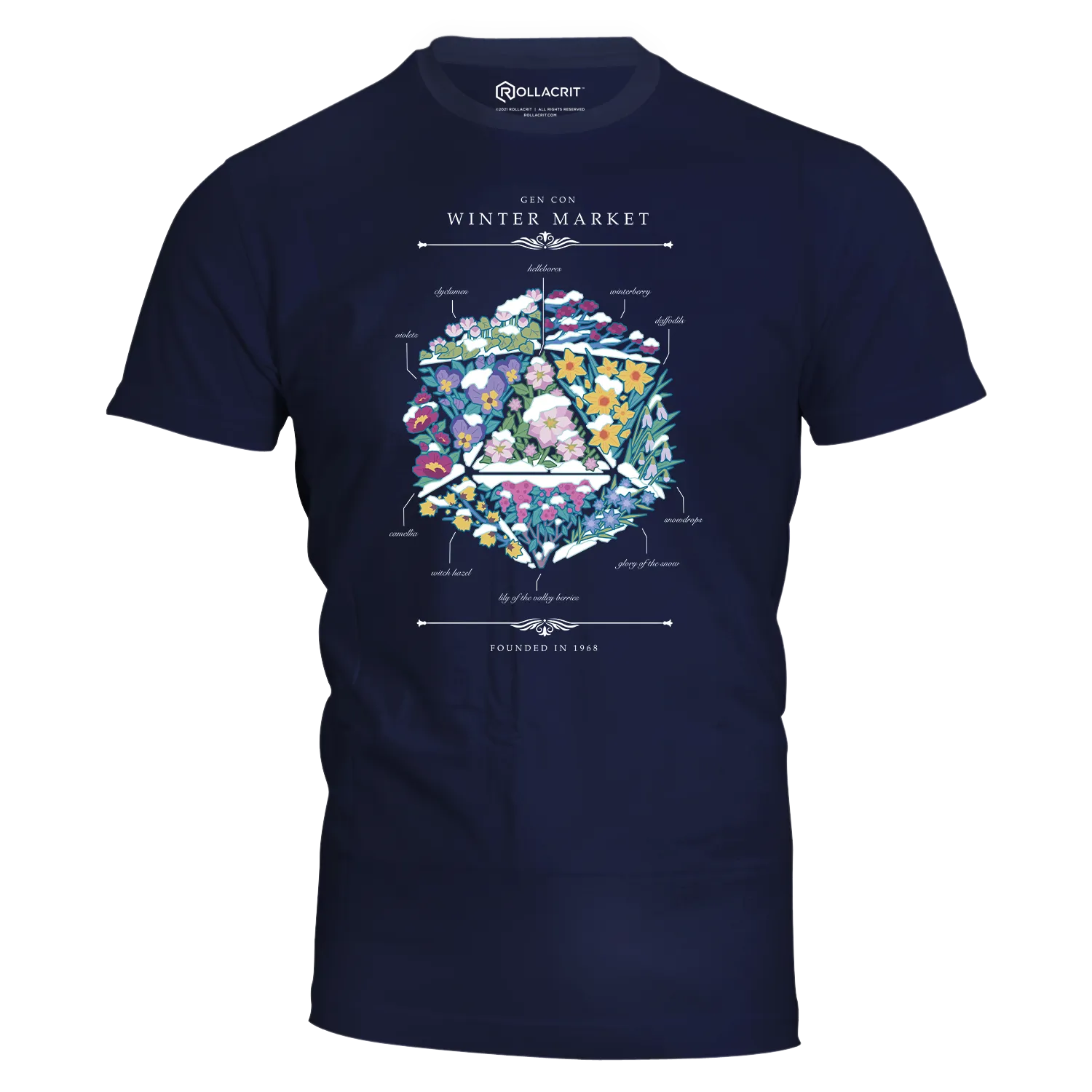Gen Con Winter Floral d20 T-shirt unisex katoen zwart