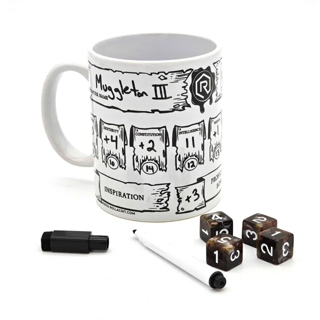 Roll A Crit RPG Character Creation mok met dobbelstenen set