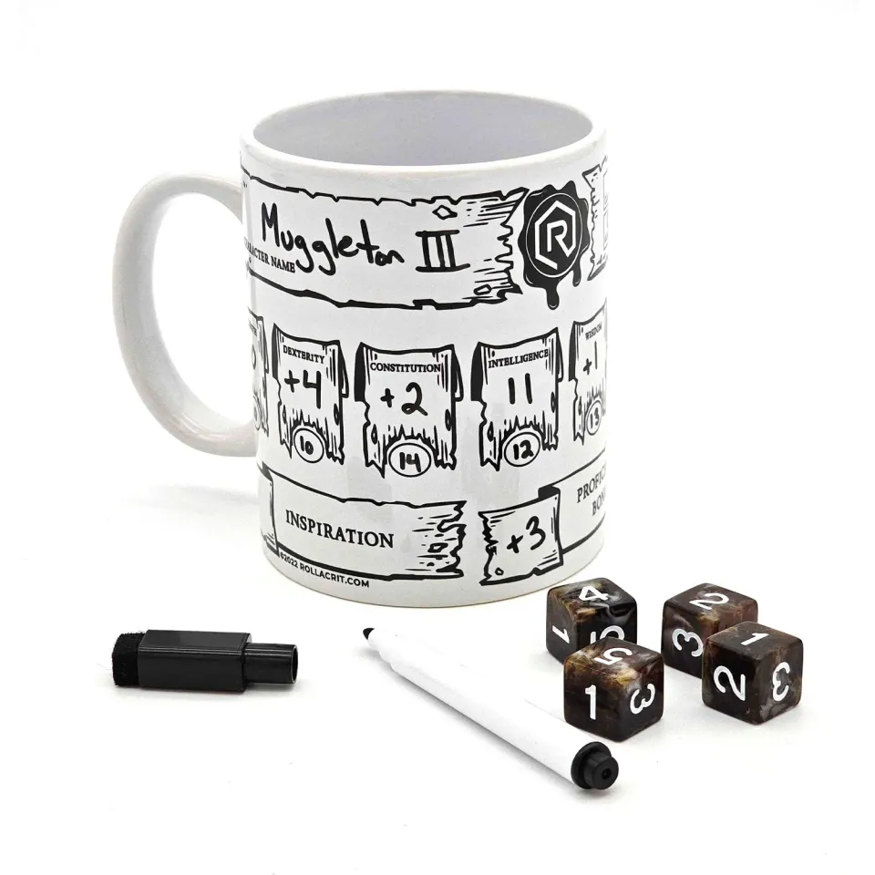Roll A Crit RPG Character Creation mok met dobbelstenen set