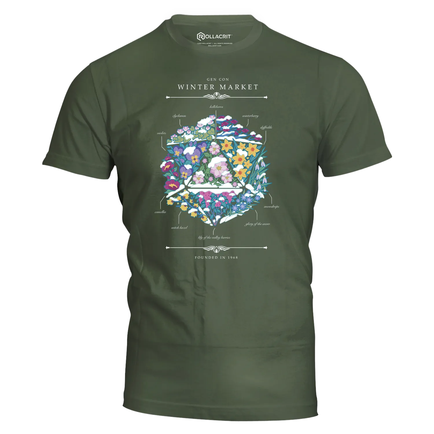 Gen Con Winter Floral d20 T-shirt unisex katoen zwart